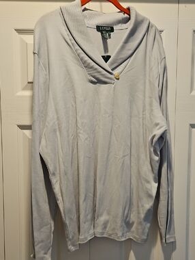Lauren Ralph Lauren Pale Blue Shawl Collar Long Sleeve Top